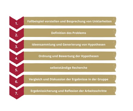 Hier sind die sieben Schritte eines problemorientierten Unterrichts untereinander abgebildet: Fallbeispiel vorstellen, Definition des Problems, Ideensammlung und Hypothesen aufstellen, Ordnung und Bewertung der Hypothesen, Recherche, Vergleich und Diskussion sowie Ergebnissicherung. 